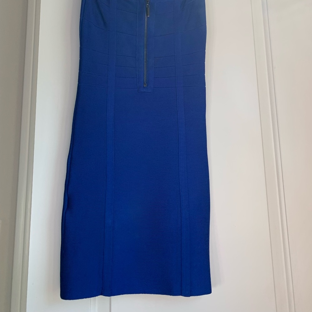 Blue strapless Bebe dress, size small, great condition.
